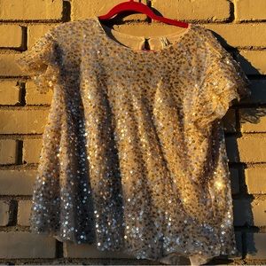 Anthropologie Sequin Ruffle Sleeve Top in Champagne - Size Large